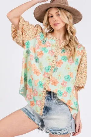 Born To Blossom Button Down Bubble Sleeve Top