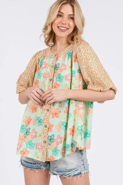 Born To Blossom Button Down Bubble Sleeve Top