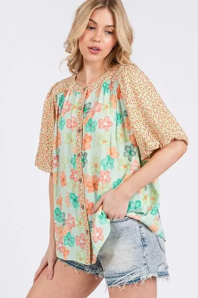 Born To Blossom Button Down Bubble Sleeve Top