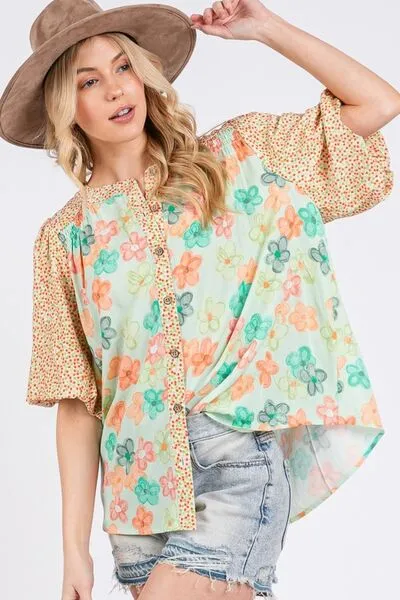 Born To Blossom Button Down Bubble Sleeve Top