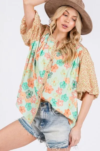 Born To Blossom Button Down Bubble Sleeve Top