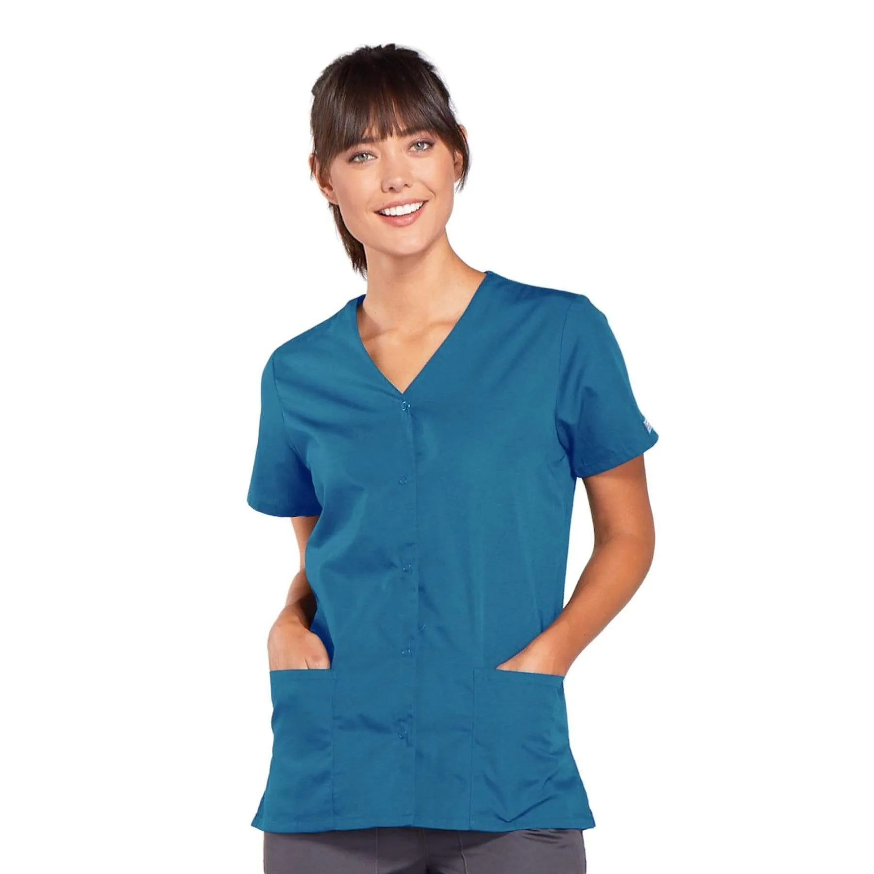 Cherokee Workwear 4770 Scrubs Top Womens Snap Front V-Neck Caribbean Blue
