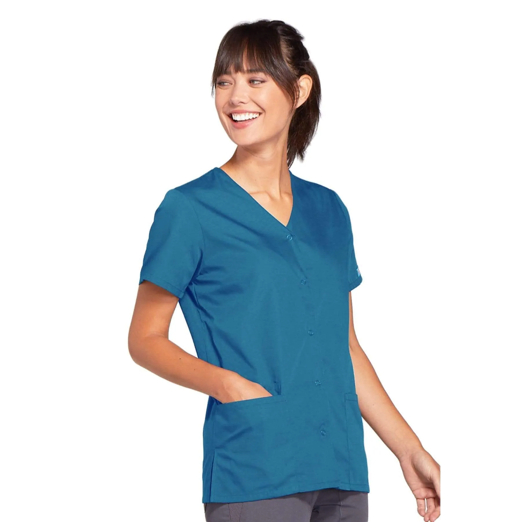 Cherokee Workwear 4770 Scrubs Top Womens Snap Front V-Neck Caribbean Blue