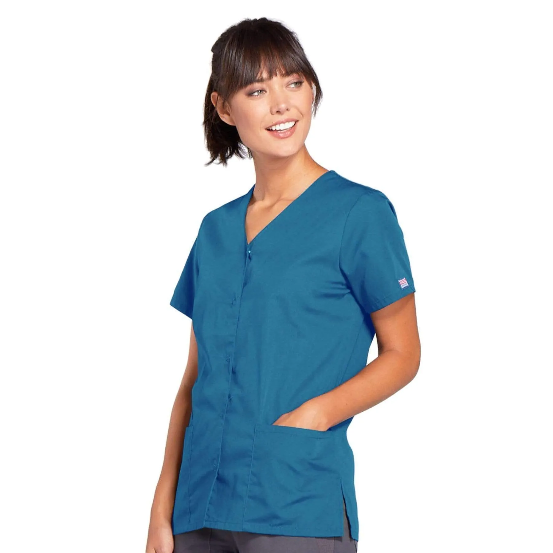 Cherokee Workwear 4770 Scrubs Top Womens Snap Front V-Neck Caribbean Blue
