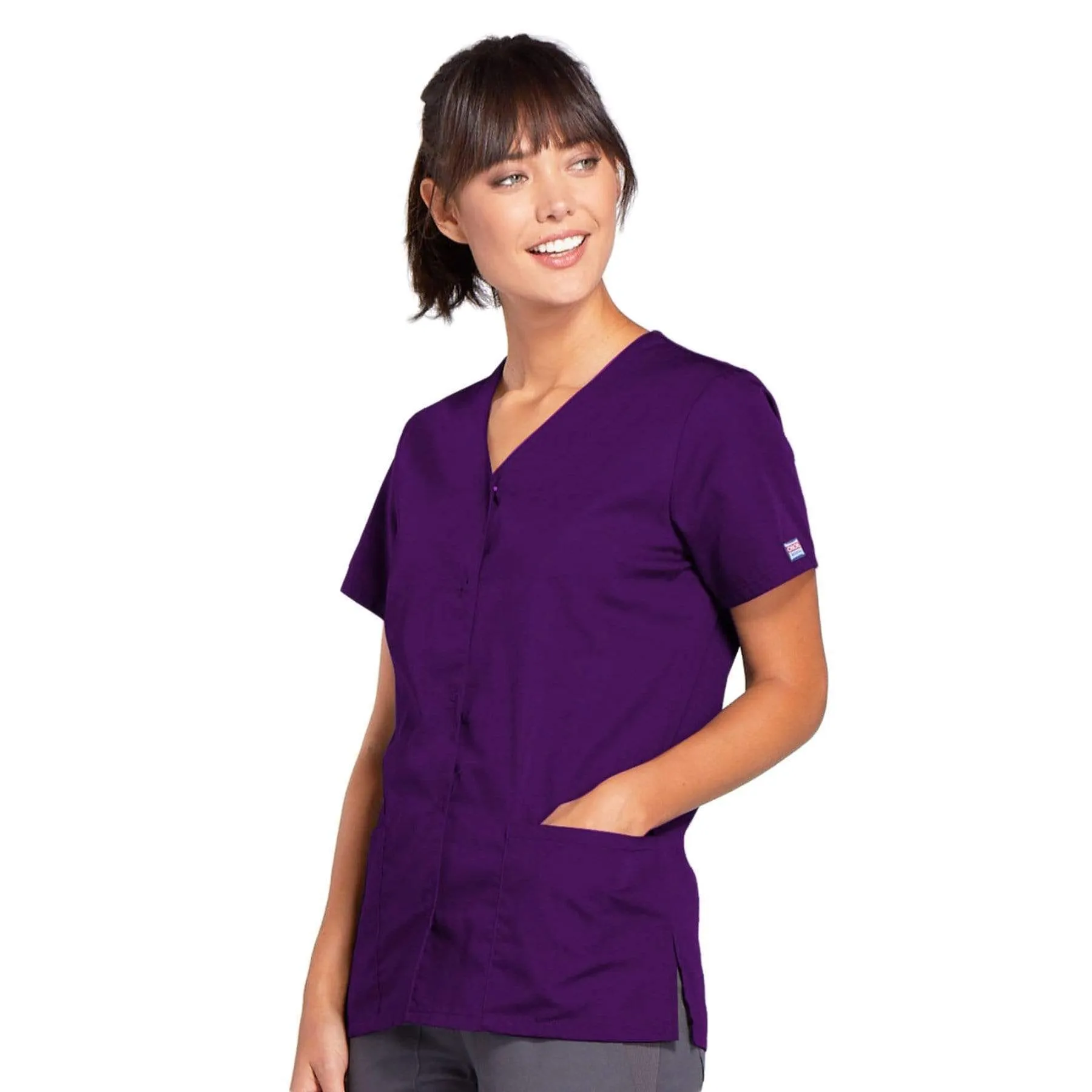 Cherokee Workwear 4770 Scrubs Top Womens Snap Front V-Neck Eggplant