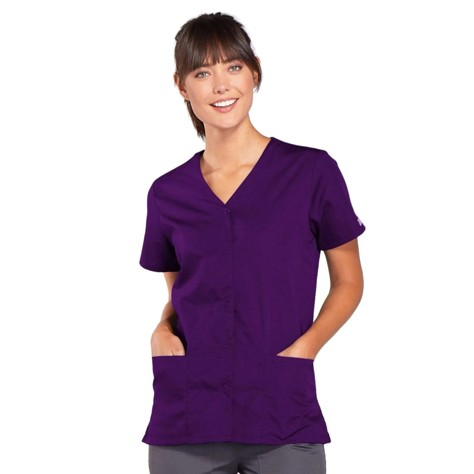 Cherokee Workwear 4770 Scrubs Top Womens Snap Front V-Neck Eggplant