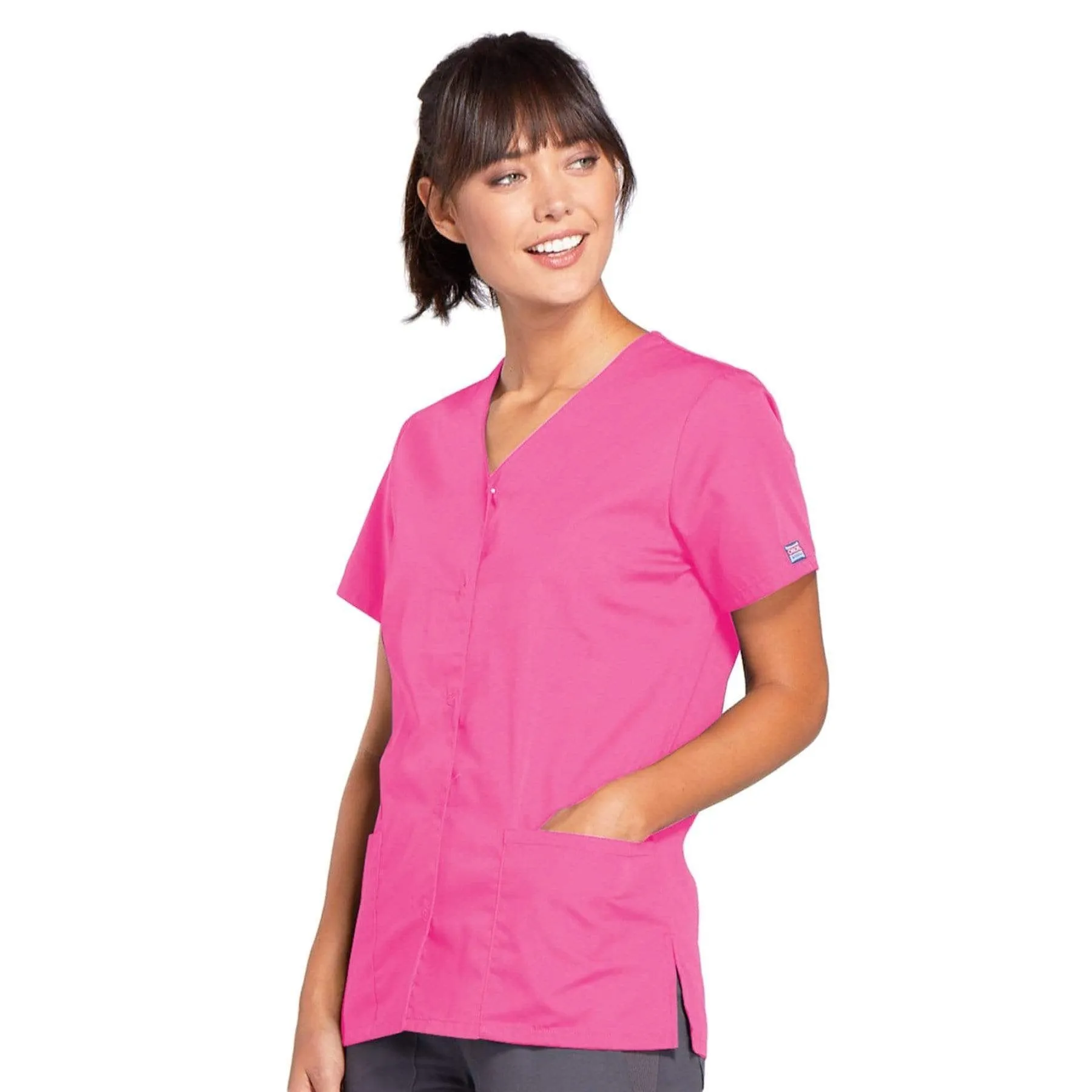 Cherokee Workwear 4770 Scrubs Top Womens Snap Front V-Neck Shocking Pink