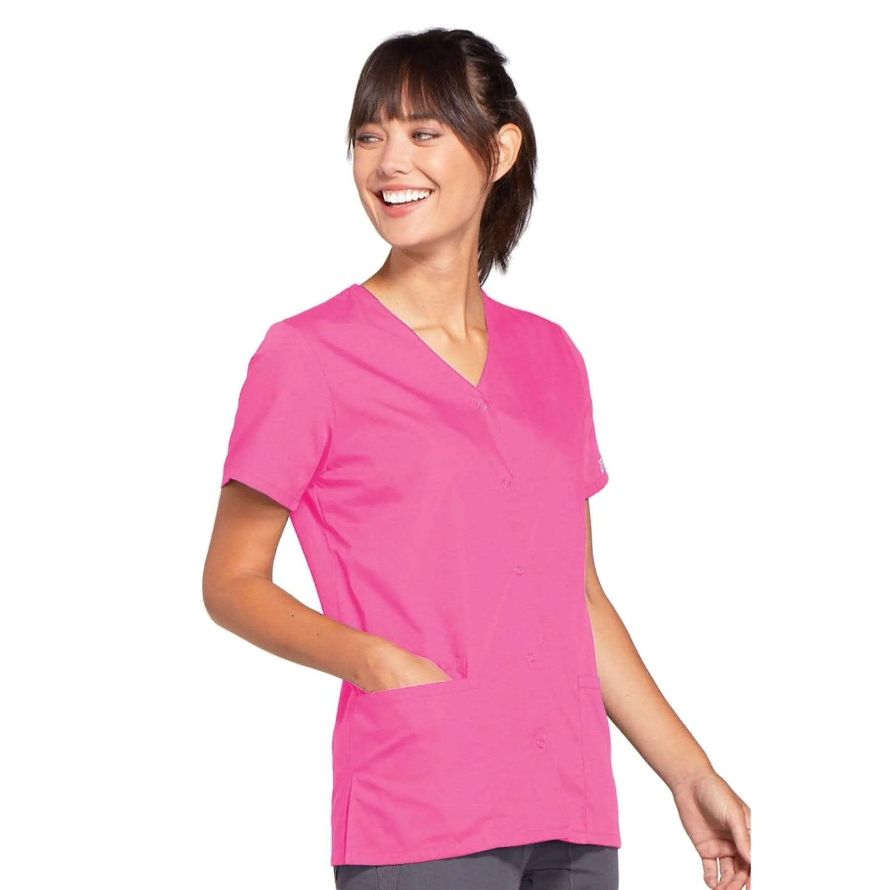 Cherokee Workwear 4770 Scrubs Top Womens Snap Front V-Neck Shocking Pink