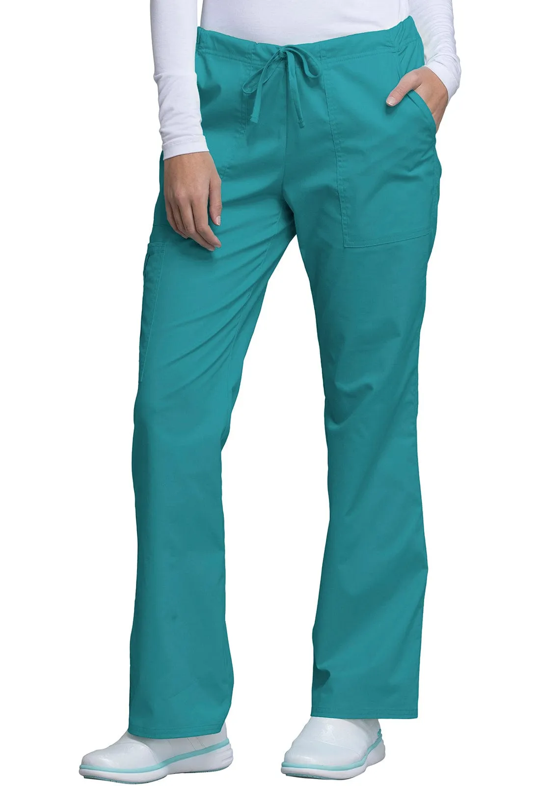 Cherokee Workwear Core Stretch 4044 Scrubs Pants Womens Mid Rise Drawstring Cargo Teal Blue