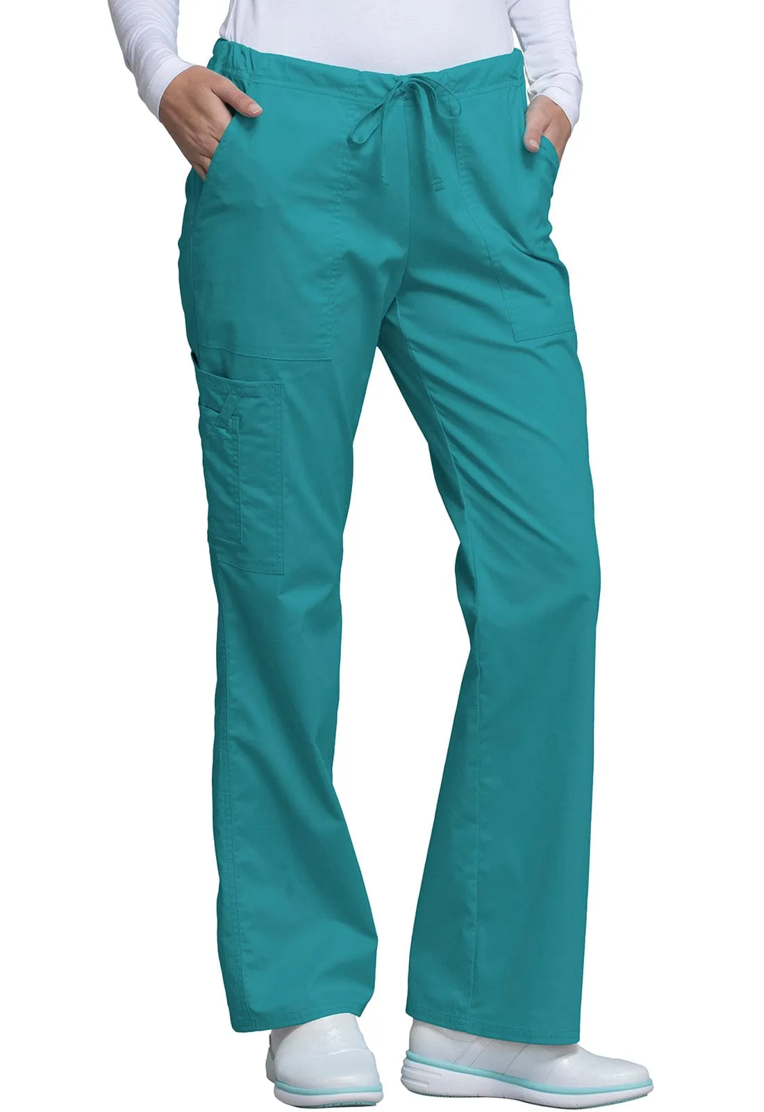 Cherokee Workwear Core Stretch 4044 Scrubs Pants Womens Mid Rise Drawstring Cargo Teal Blue