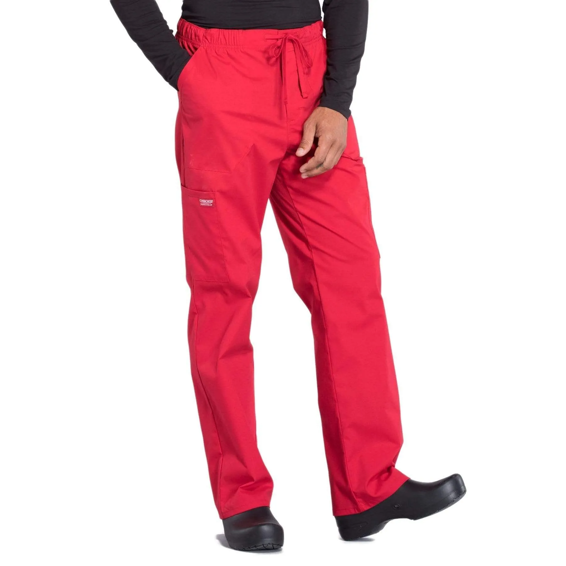 Cherokee Workwear Professionals WW190 Scrubs Pants Mens Tapered Leg Drawstring Cargo Red