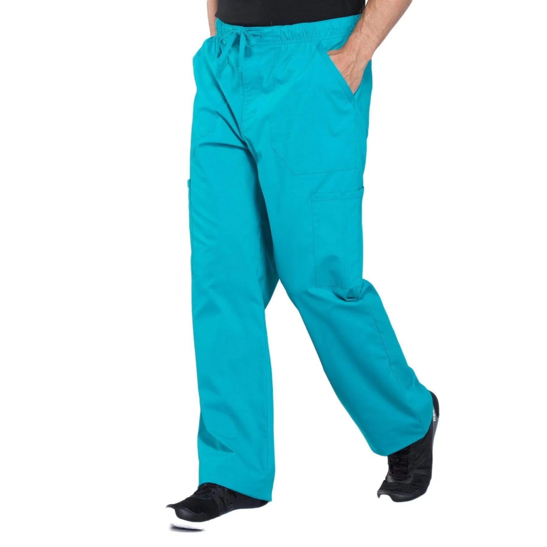 Cherokee Workwear Professionals WW190 Scrubs Pants Mens Tapered Leg Drawstring Cargo Teal Blue