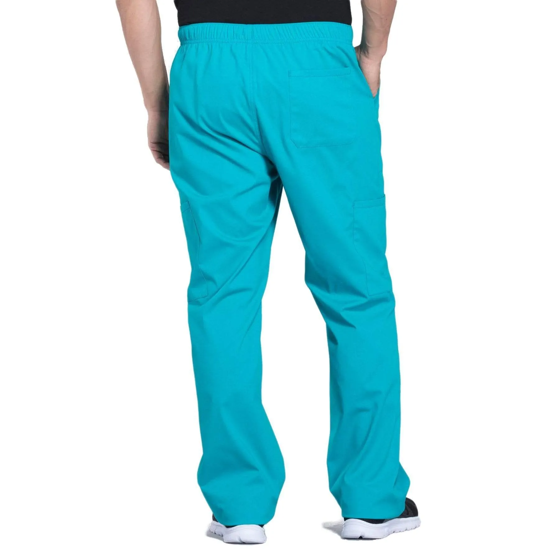 Cherokee Workwear Professionals WW190 Scrubs Pants Mens Tapered Leg Drawstring Cargo Teal Blue