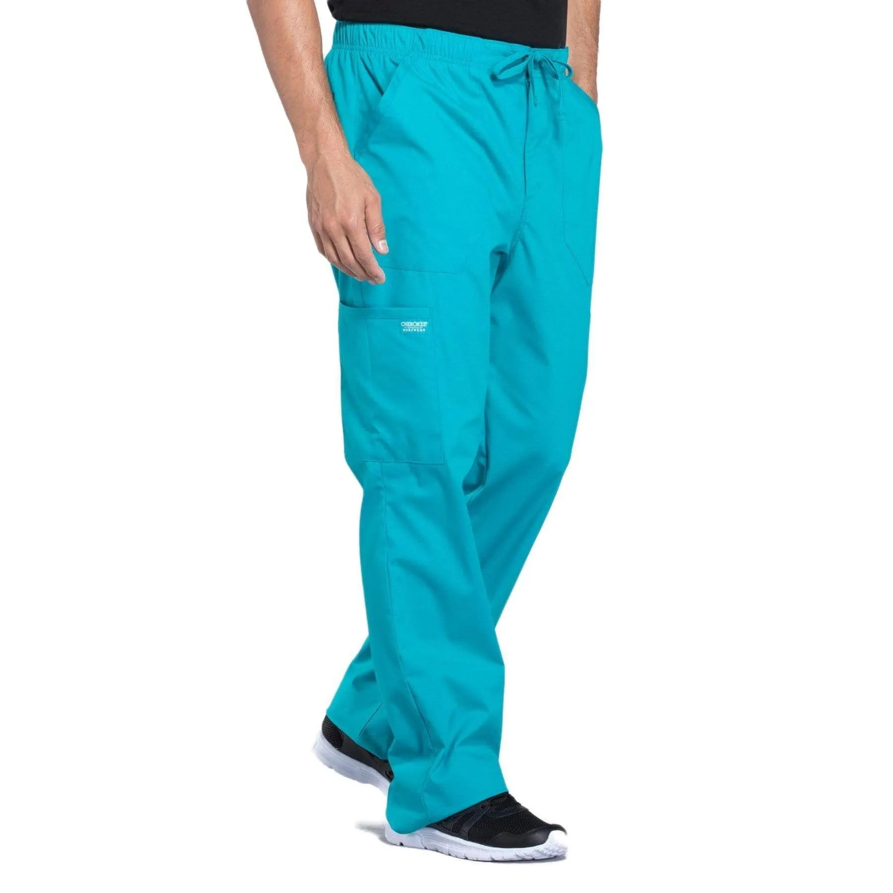 Cherokee Workwear Professionals WW190 Scrubs Pants Mens Tapered Leg Drawstring Cargo Teal Blue