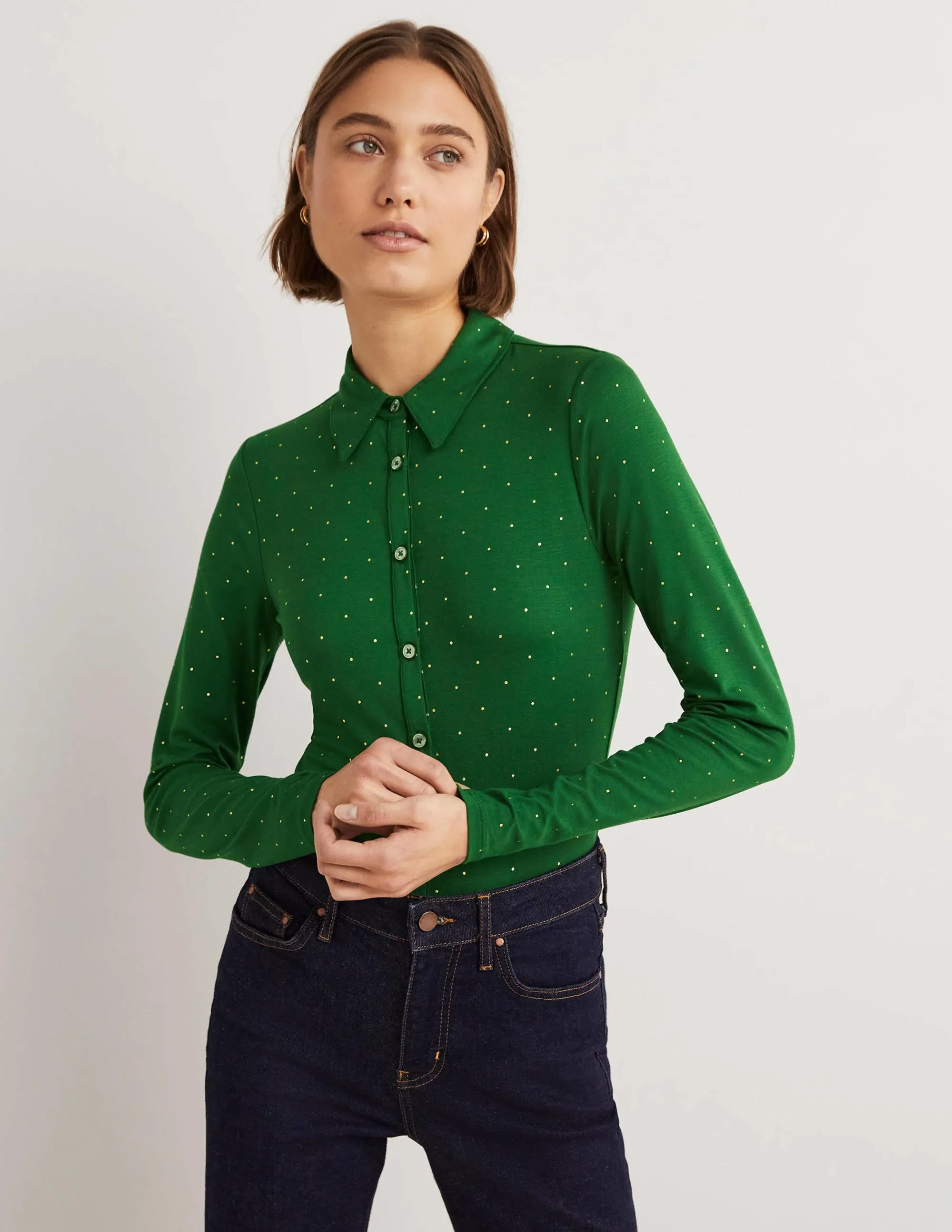 Fitted Jersey Shirt-Hunter Green, Foil Dot