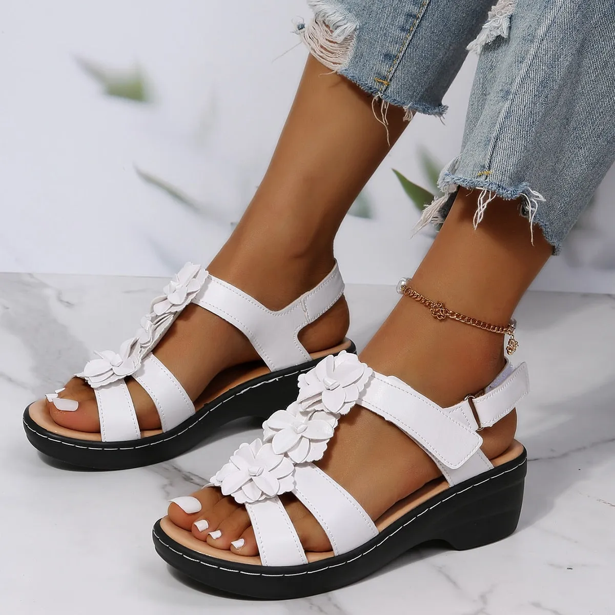 Floral Embellishment Orthopedic Sandals with Wedge Sole