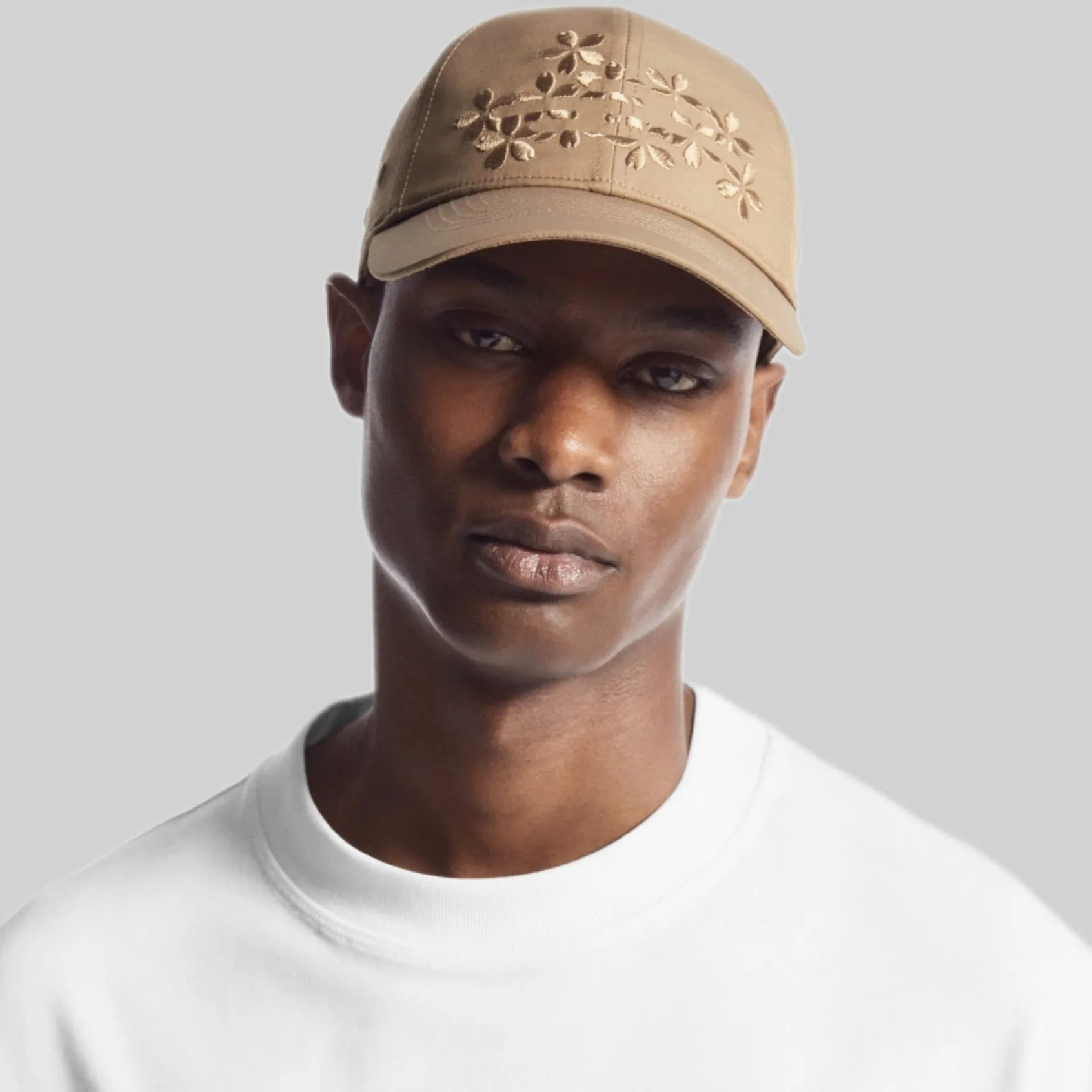 Floral Embroidered Baseball Cap - Camel