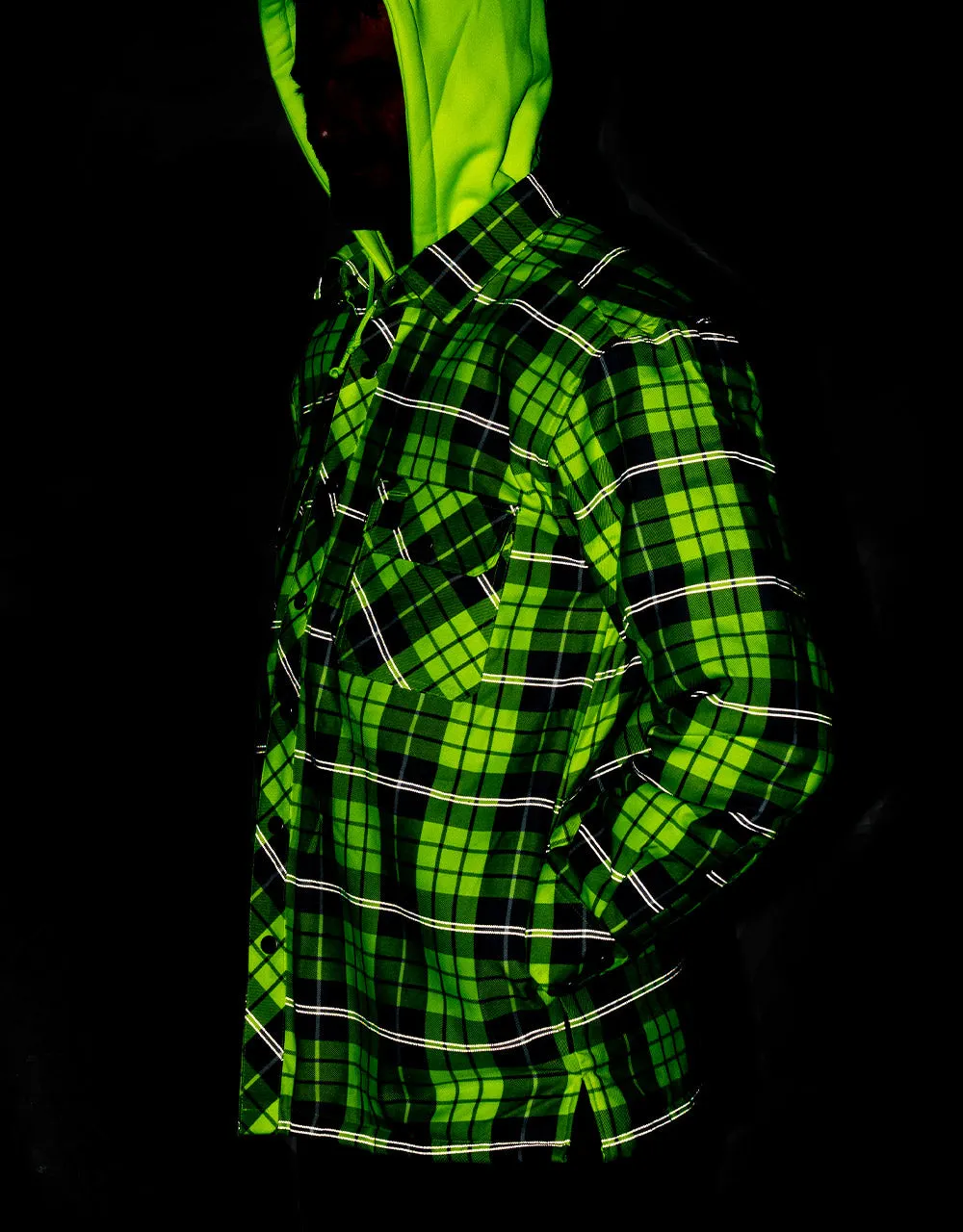 Hi Vis Plaid Hooded Quilted Flannel Shirt Jacket with Reflective Striping