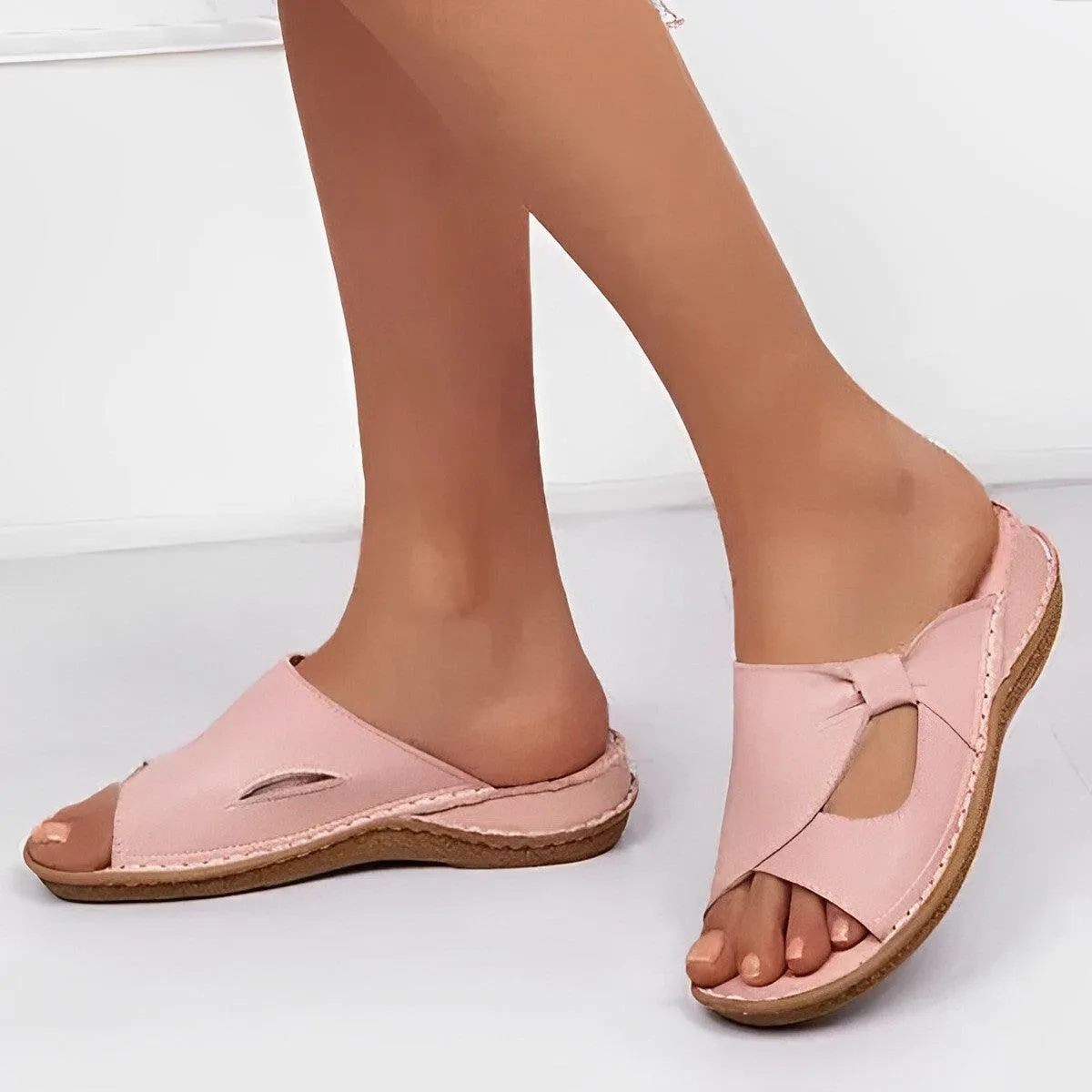Leather Slip-On Sandals with Cushioned Sole and Knot Detail