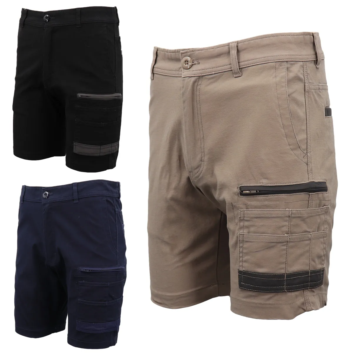 Mens Cargo Cotton Drill Work Shorts UPF 50  13 Pockets Tradies Workwear Trousers, Khaki, 40