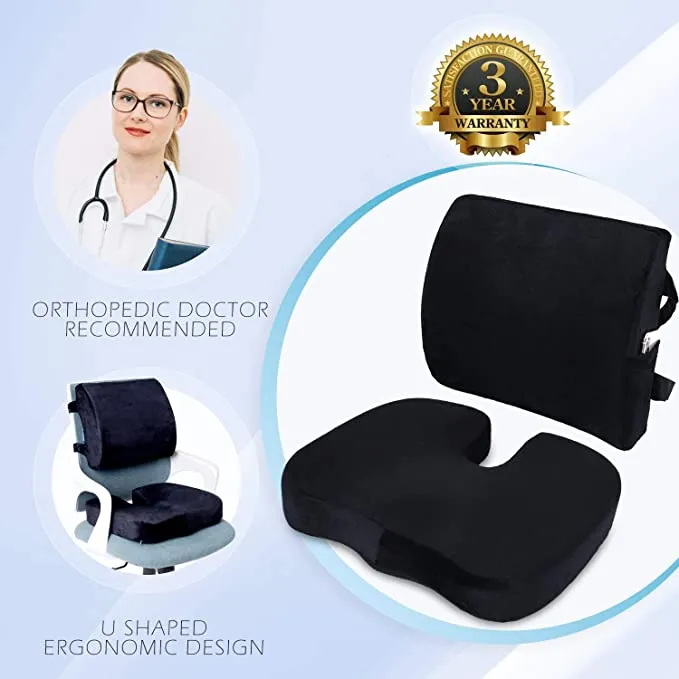 New Qutool Orthopedic Memory Foam Seat Cushion and Lumbar Support Back Pillow for Lower Back Tailbone and Sciatica Relief Office Chair and Car Seat Cushion Set with Premium Adjustable Strap (Black) Retails $104 
