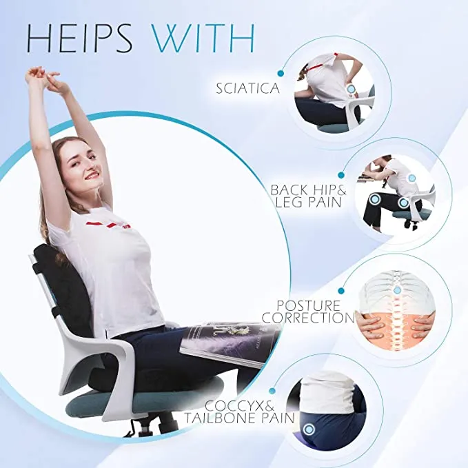 New Qutool Orthopedic Memory Foam Seat Cushion and Lumbar Support Back Pillow for Lower Back Tailbone and Sciatica Relief Office Chair and Car Seat Cushion Set with Premium Adjustable Strap (Black) Retails $104 