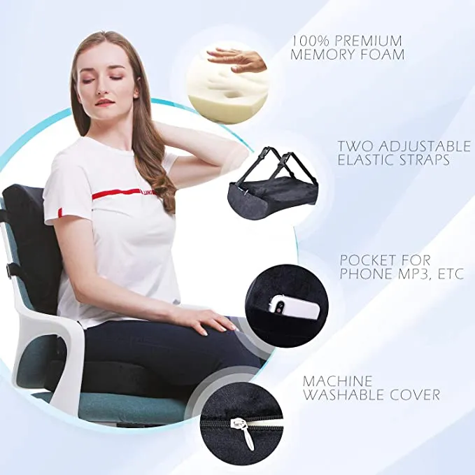 New Qutool Orthopedic Memory Foam Seat Cushion and Lumbar Support Back Pillow for Lower Back Tailbone and Sciatica Relief Office Chair and Car Seat Cushion Set with Premium Adjustable Strap (Black) Retails $104 