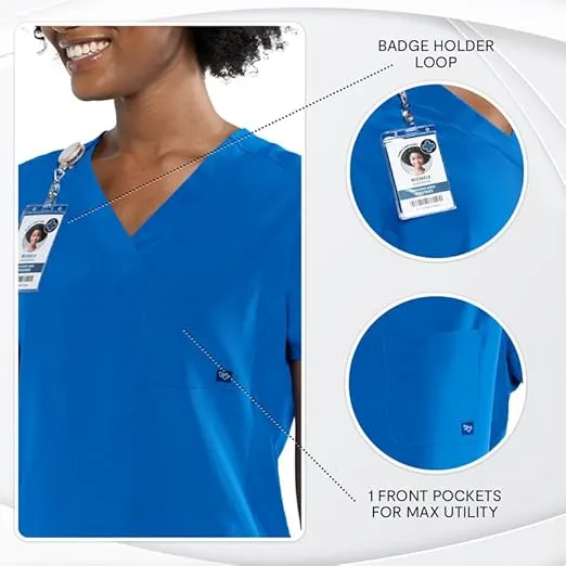 NEW Tasha   Me Women's Medical Scrub Chest Pocket Shirts - Modern Slim-Fit & V-Neck Style Top, Royal Blue, Sz 2XL