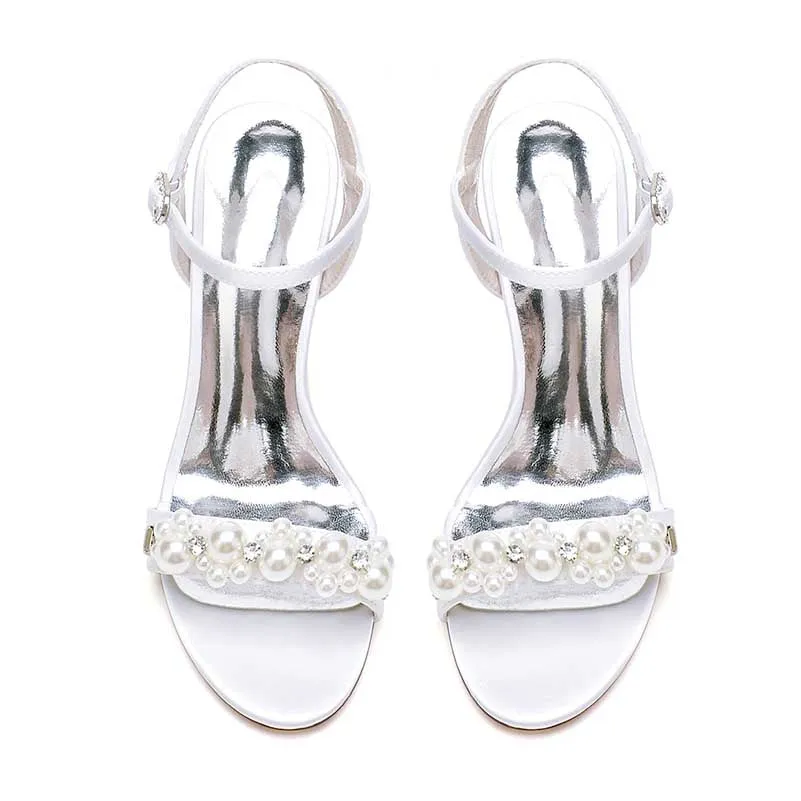 Open Toe Summer Heels Pearls Wedding Shoes Ankle Strap Party Sandals