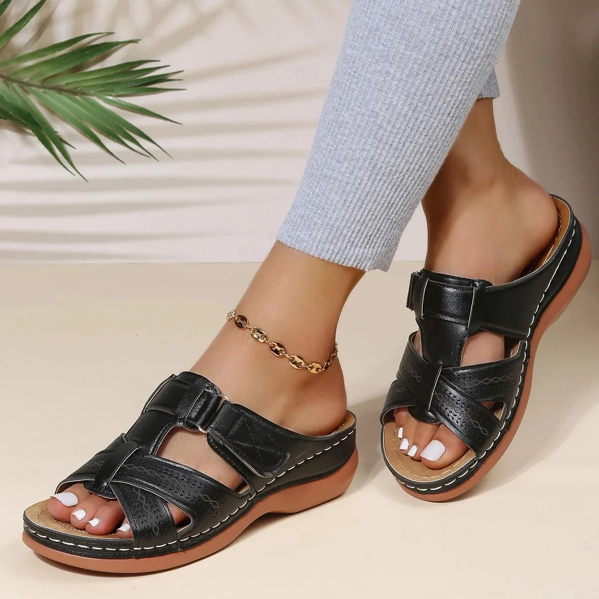 Orthopedic Leather Sandals with Adjustable Buckle and Non-slip Sole