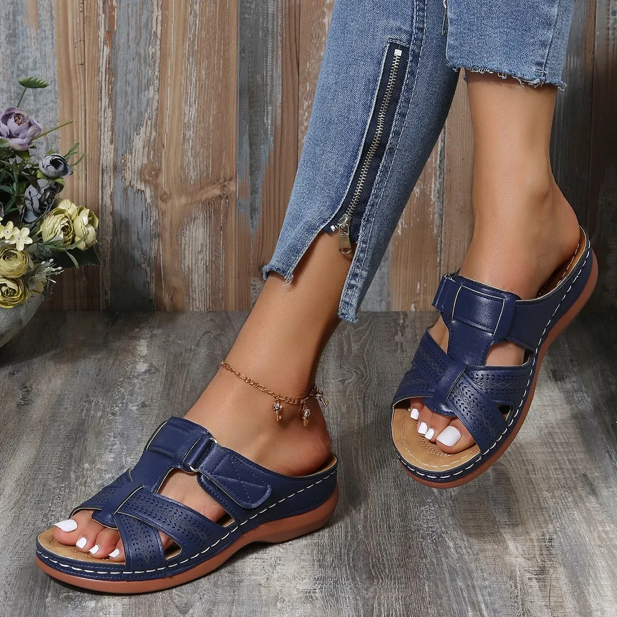 Orthopedic Leather Sandals with Adjustable Buckle and Non-slip Sole