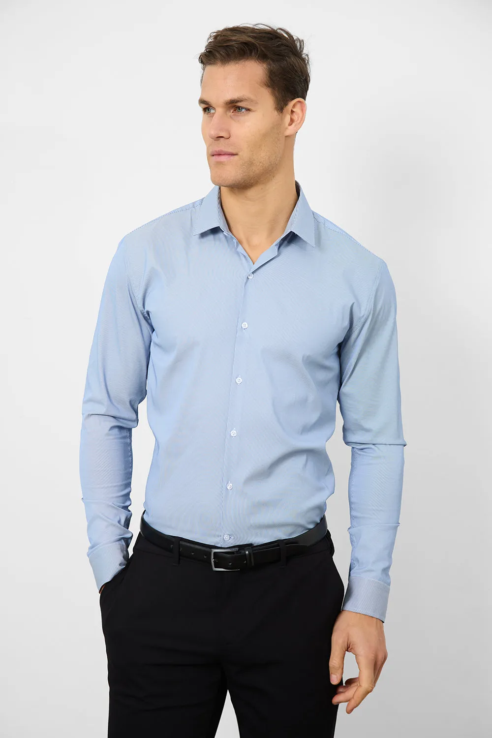 Performance Business Shirt in Navy/White Micro Stripe