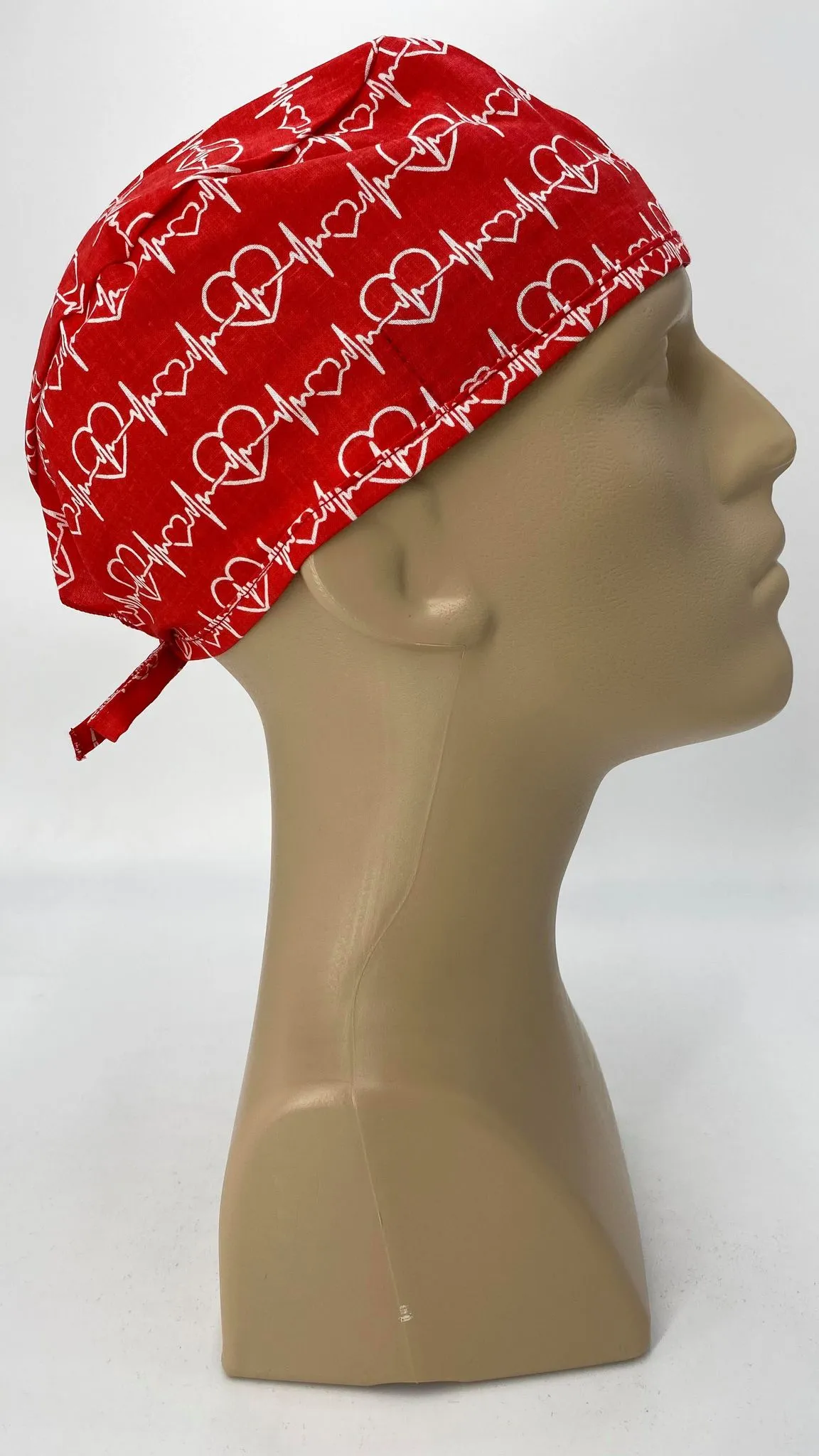 Scrub Cap Medical Surgeon Head Cover Surgical Hat Nurse Nursing Operating Room, Red White EKG Heartbeat