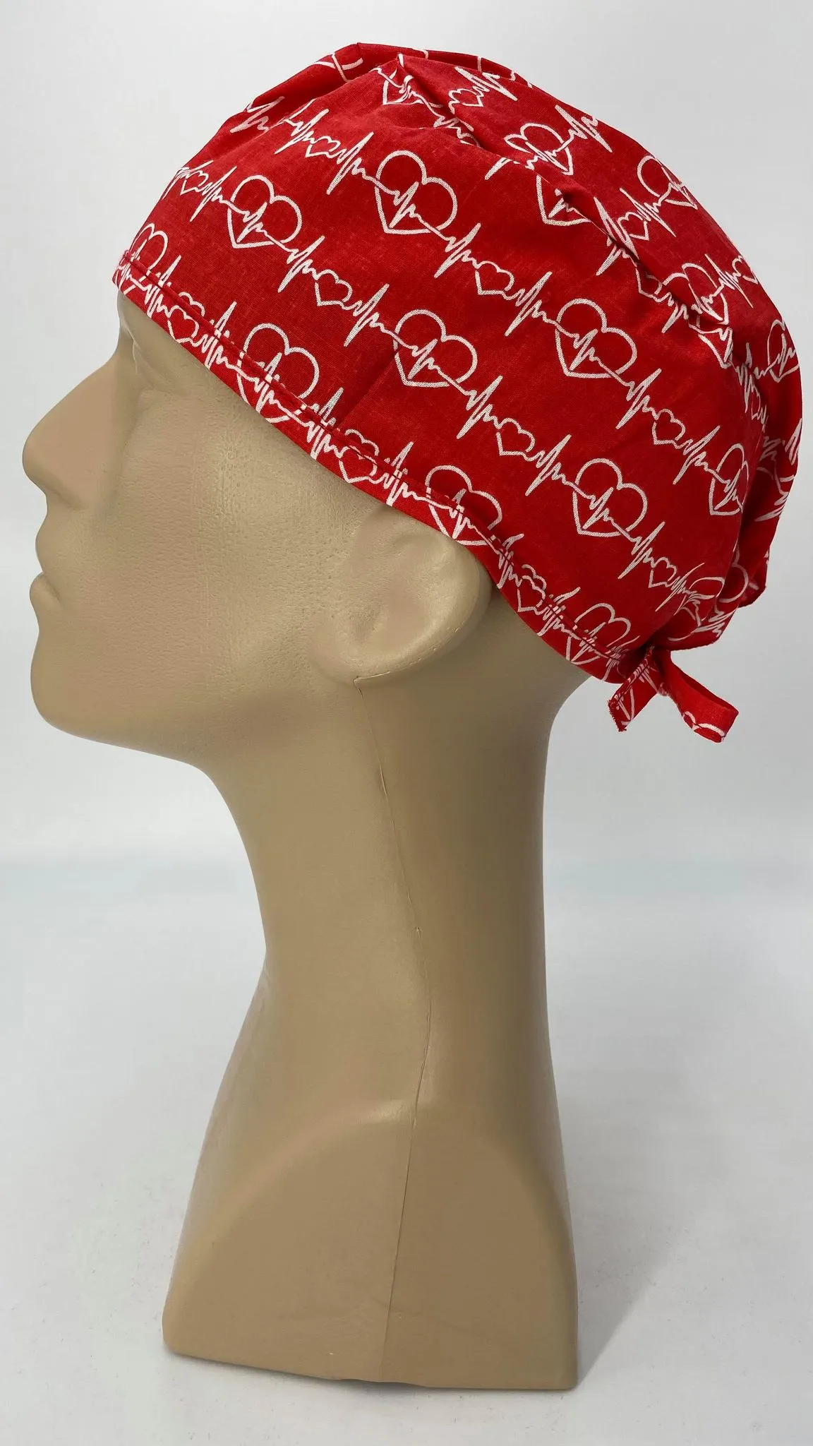 Scrub Cap Medical Surgeon Head Cover Surgical Hat Nurse Nursing Operating Room, Red White EKG Heartbeat