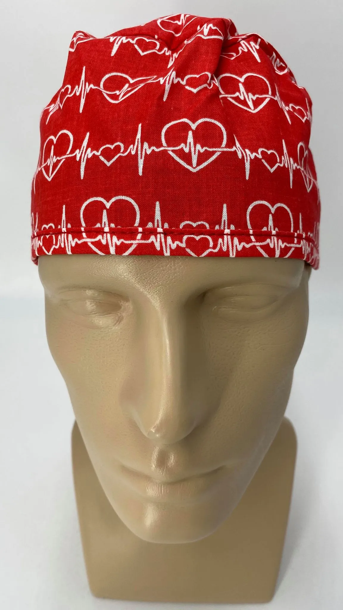 Scrub Cap Medical Surgeon Head Cover Surgical Hat Nurse Nursing Operating Room, Red White EKG Heartbeat
