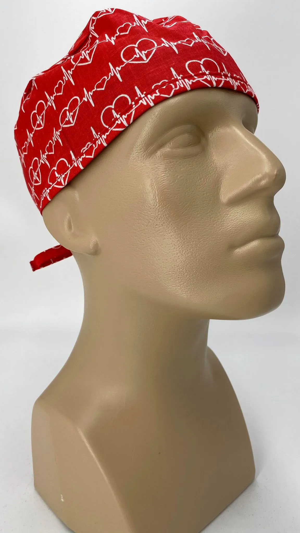 Scrub Cap Medical Surgeon Head Cover Surgical Hat Nurse Nursing Operating Room, Red White EKG Heartbeat
