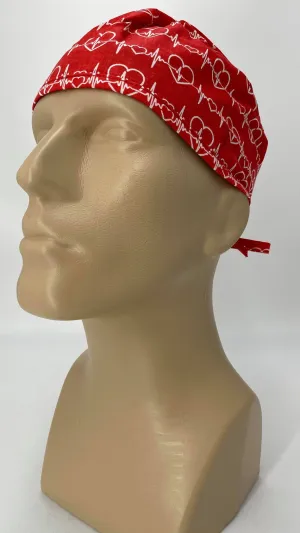 Scrub Cap Medical Surgeon Head Cover Surgical Hat Nurse Nursing Operating Room, Red White EKG Heartbeat