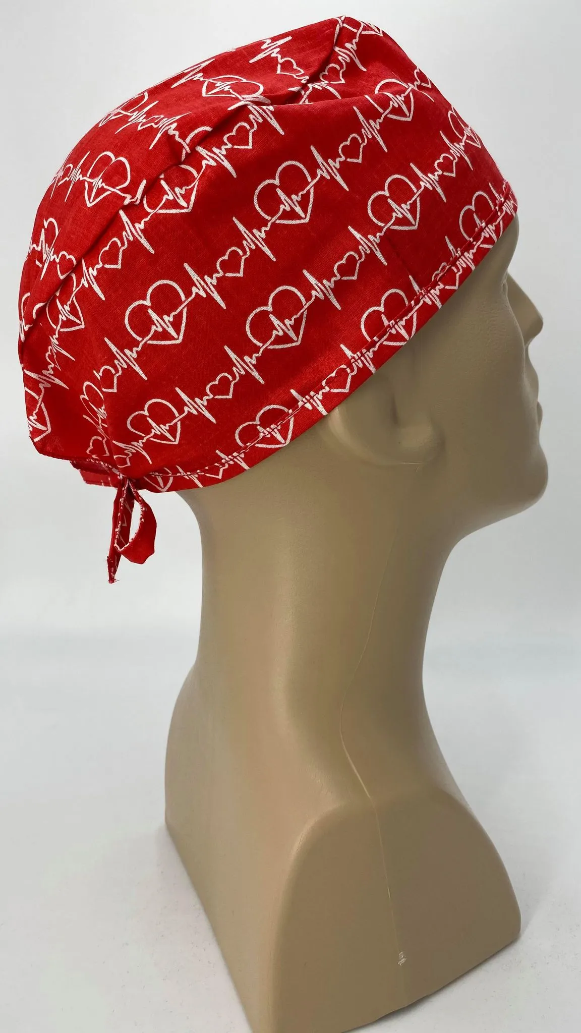 Scrub Cap Medical Surgeon Head Cover Surgical Hat Nurse Nursing Operating Room, Red White EKG Heartbeat