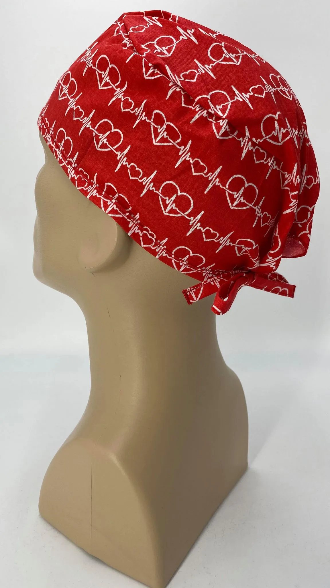 Scrub Cap Medical Surgeon Head Cover Surgical Hat Nurse Nursing Operating Room, Red White EKG Heartbeat