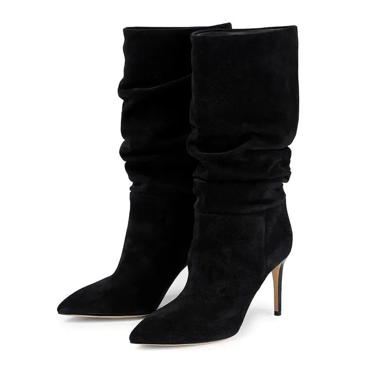 Suede Wrinkle Stiletto Heel Boots