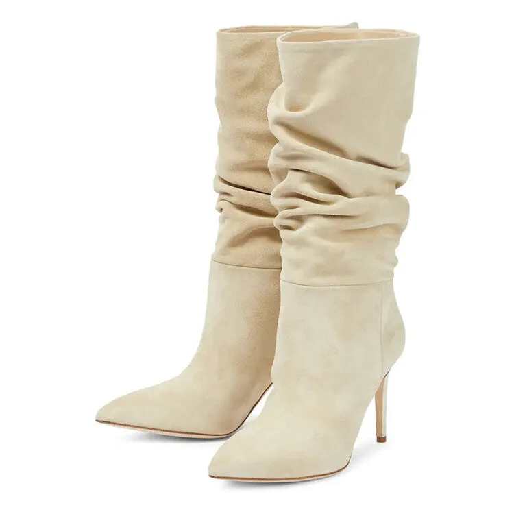 Suede Wrinkle Stiletto Heel Boots