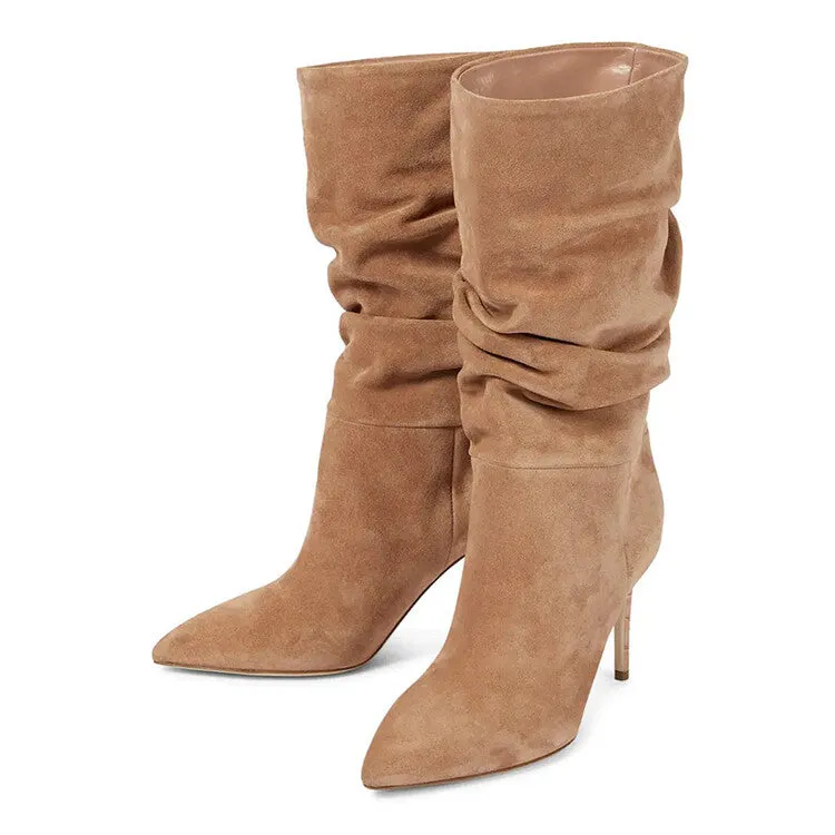 Suede Wrinkle Stiletto Heel Boots