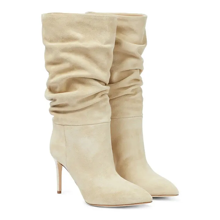 Suede Wrinkle Stiletto Heel Boots
