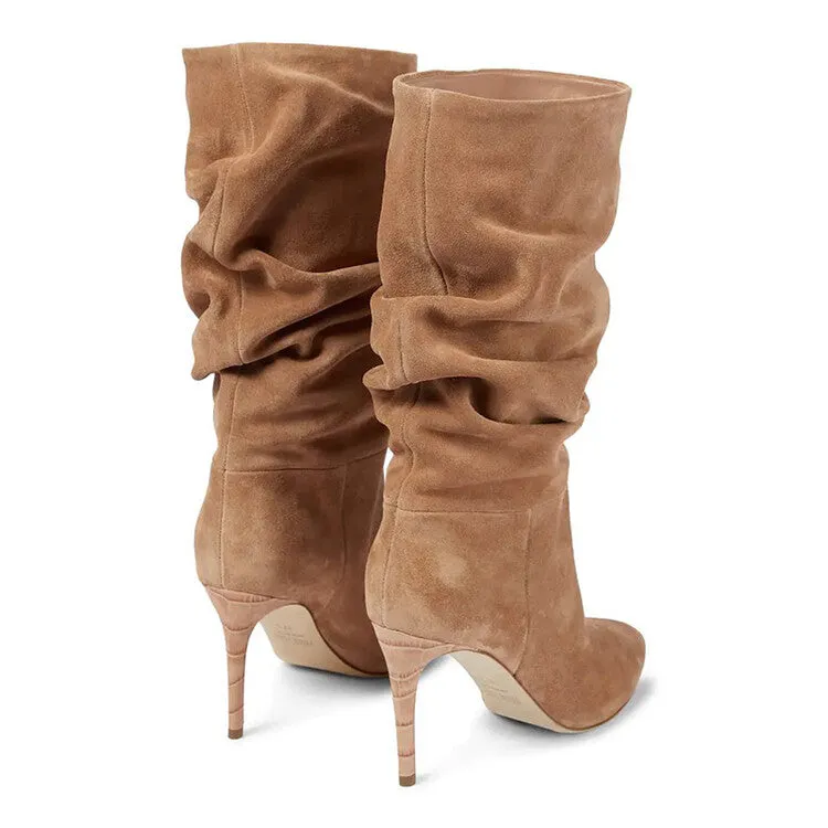 Suede Wrinkle Stiletto Heel Boots