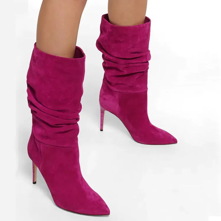 Suede Wrinkle Stiletto Heel Boots