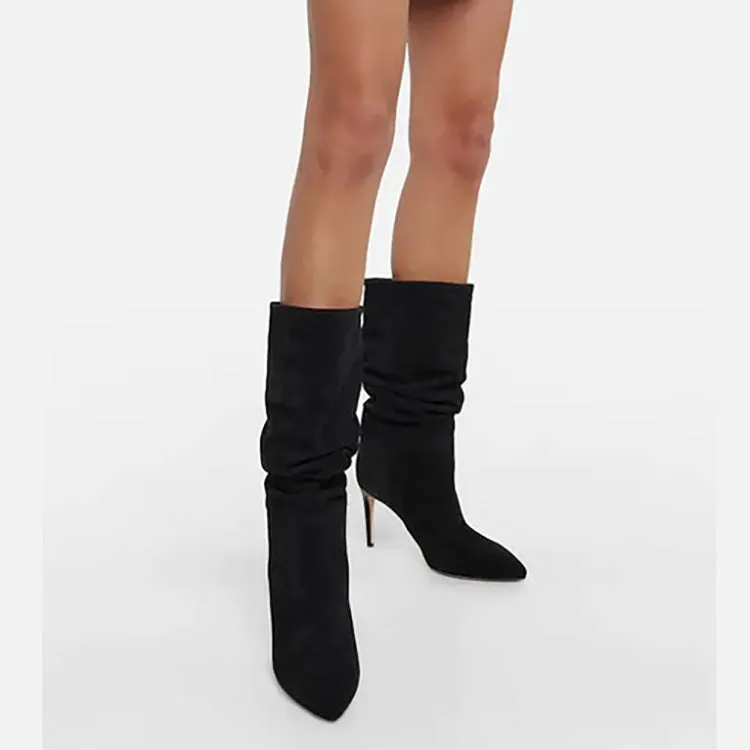 Suede Wrinkle Stiletto Heel Boots