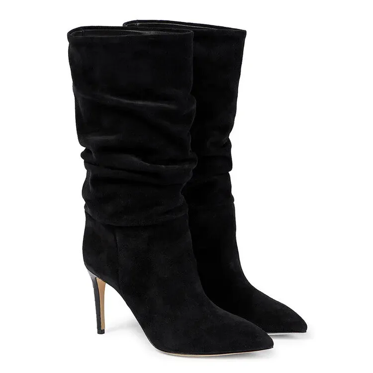 Suede Wrinkle Stiletto Heel Boots