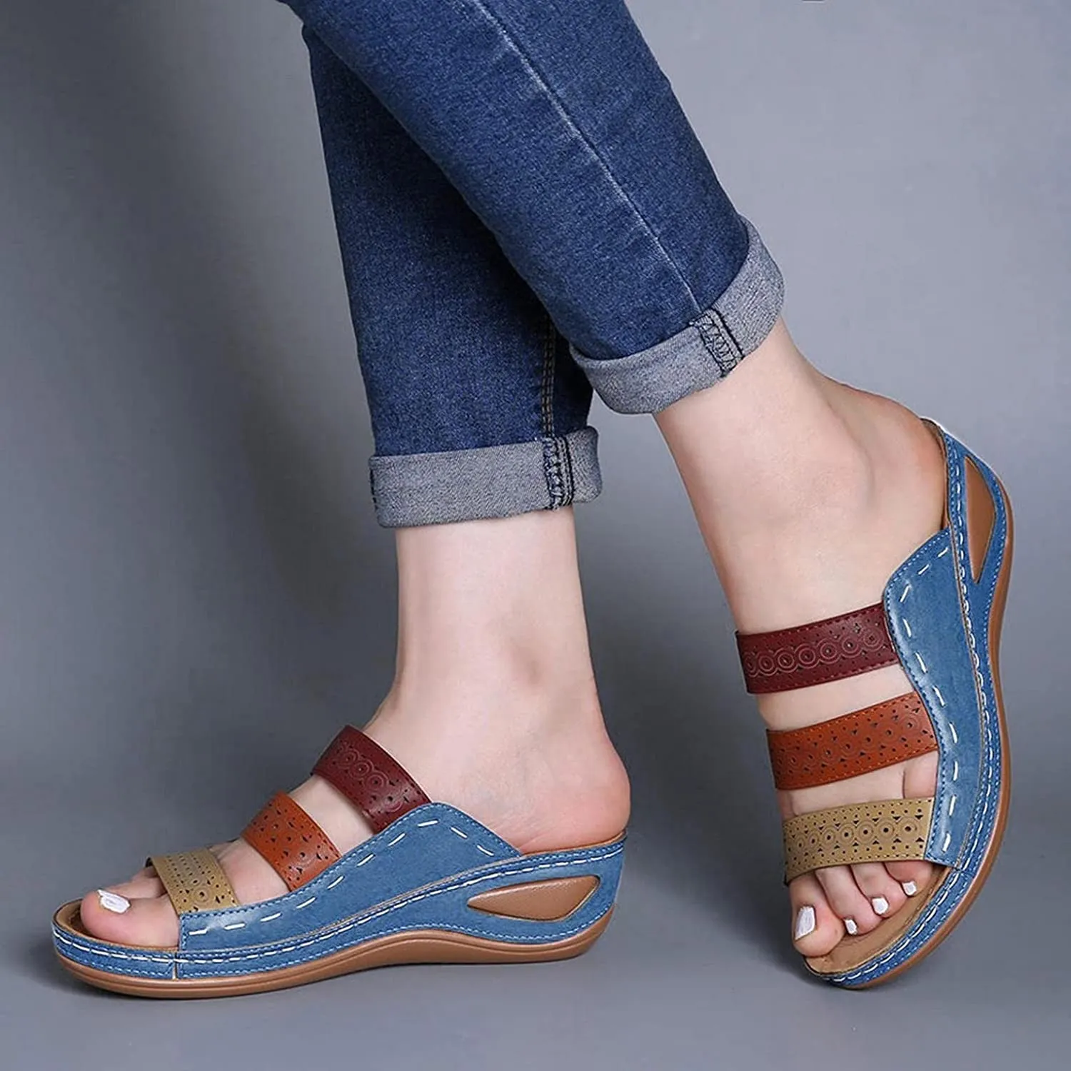 Summer Women Color Matching Hollow PU Roman Sandals