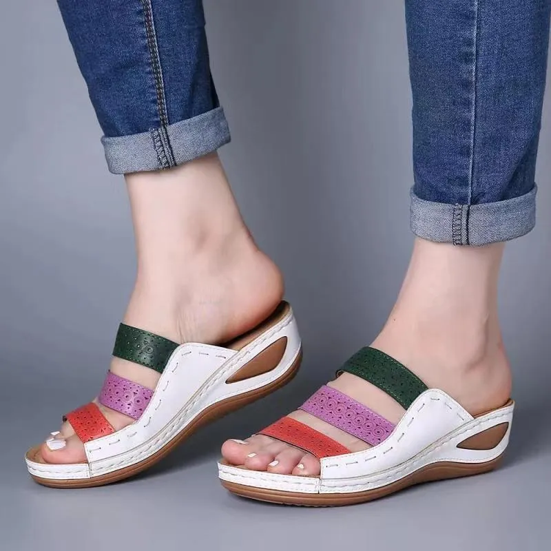 Summer Women Color Matching Hollow PU Roman Sandals