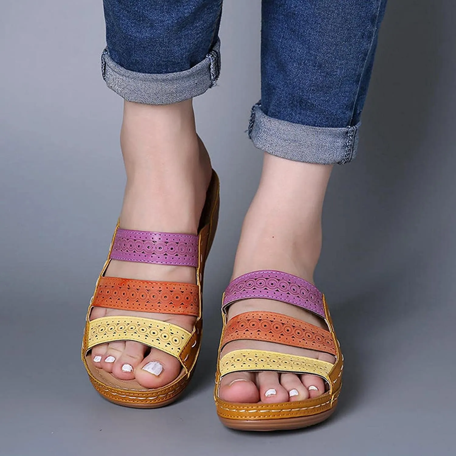 Summer Women Color Matching Hollow PU Roman Sandals